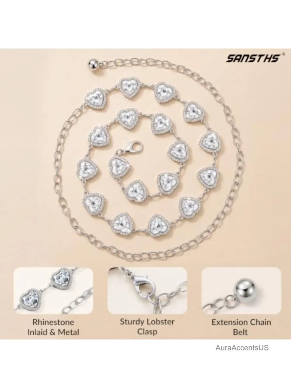Western Rhinestone Chain Belt with Concho Gems for Jeans